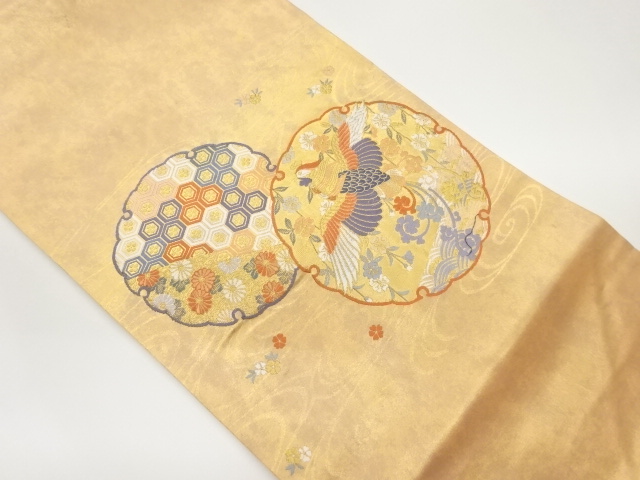 引箔雪輪に鳳凰・亀甲・草花模様織出し名古屋帯